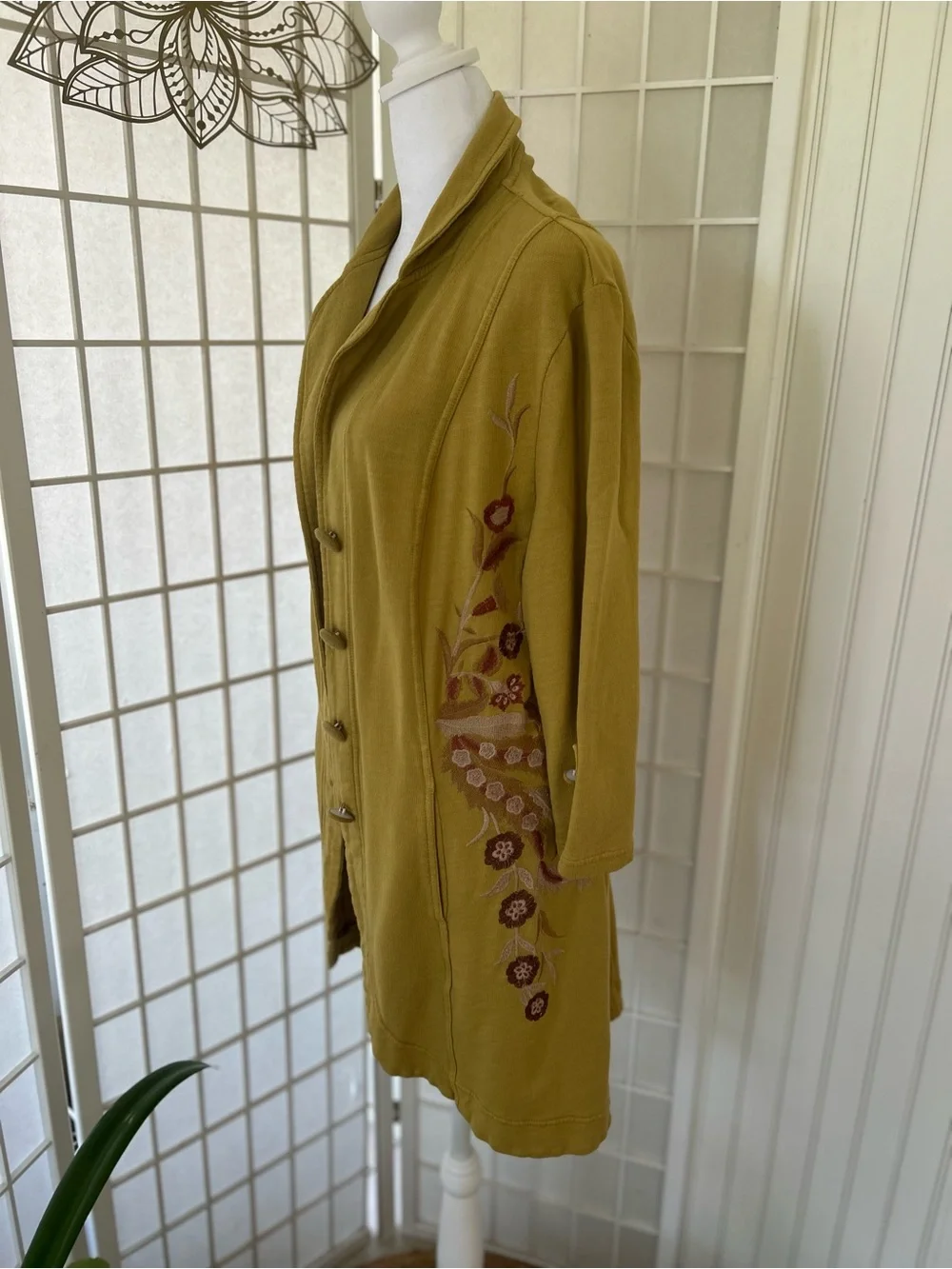XCVI Embroidered Cotton Jacket Cardigan Large Olive Green Boho